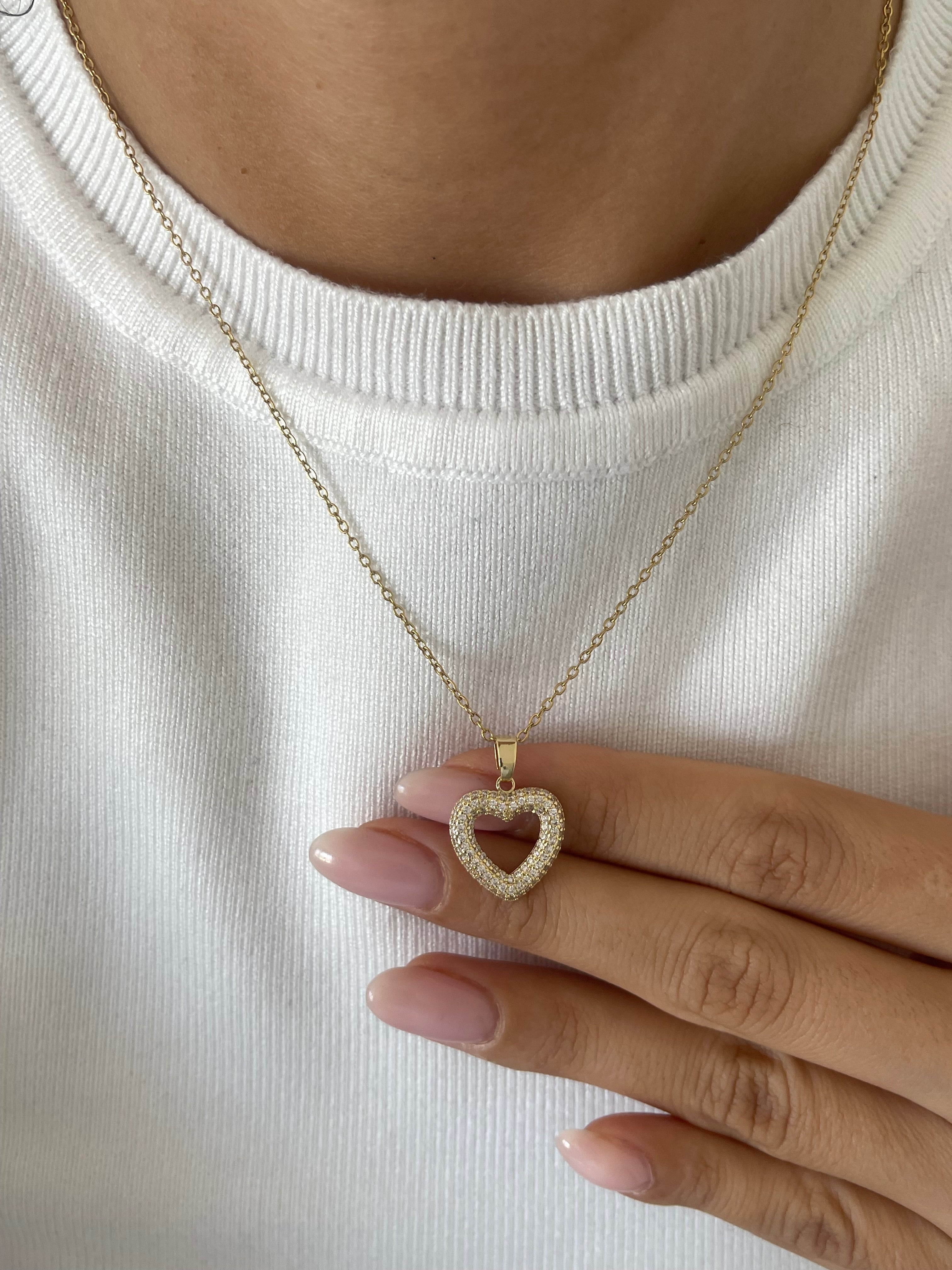 Çelik taşlı boş kalp kolye