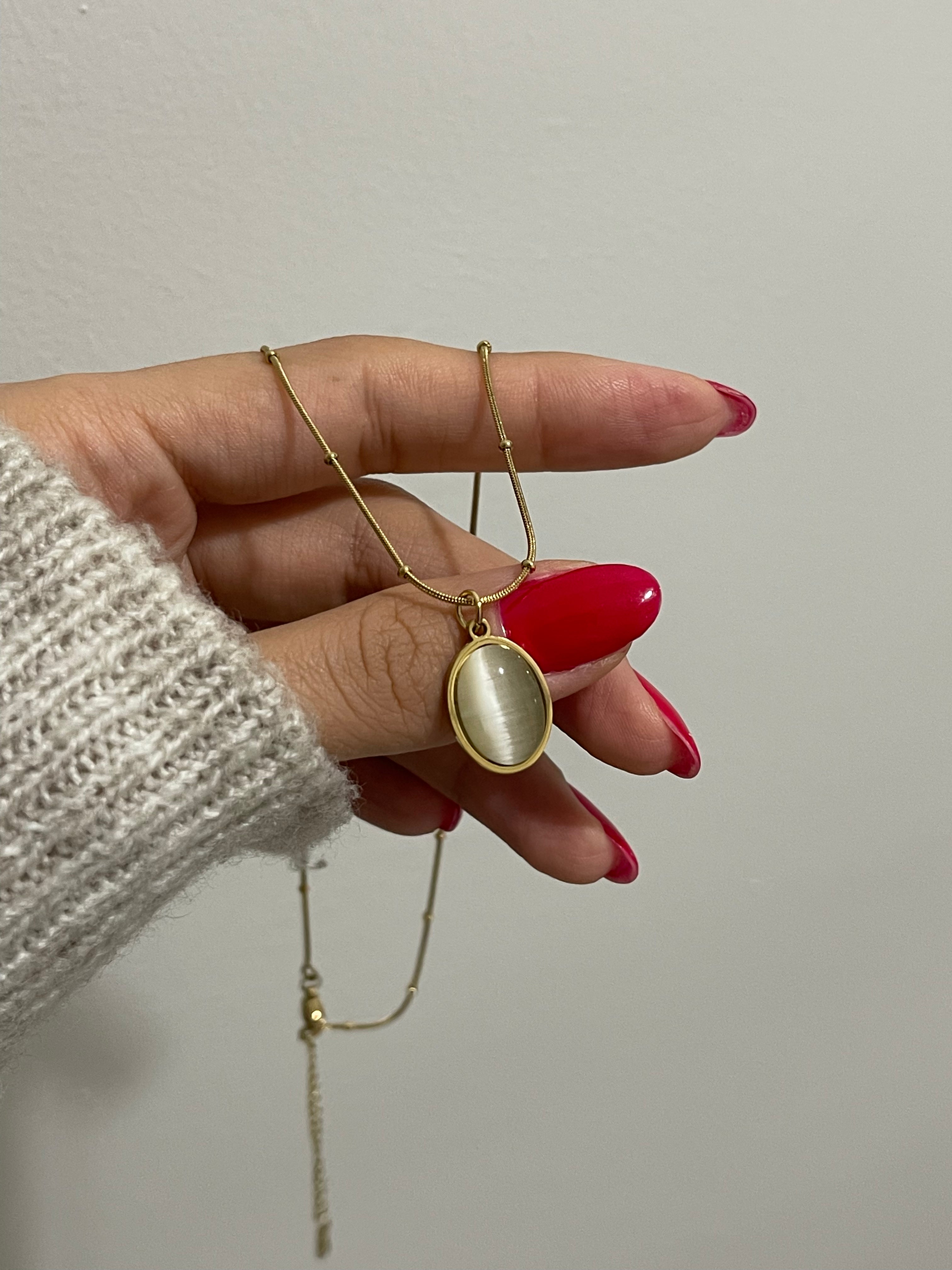 Çelik oval taş kolye