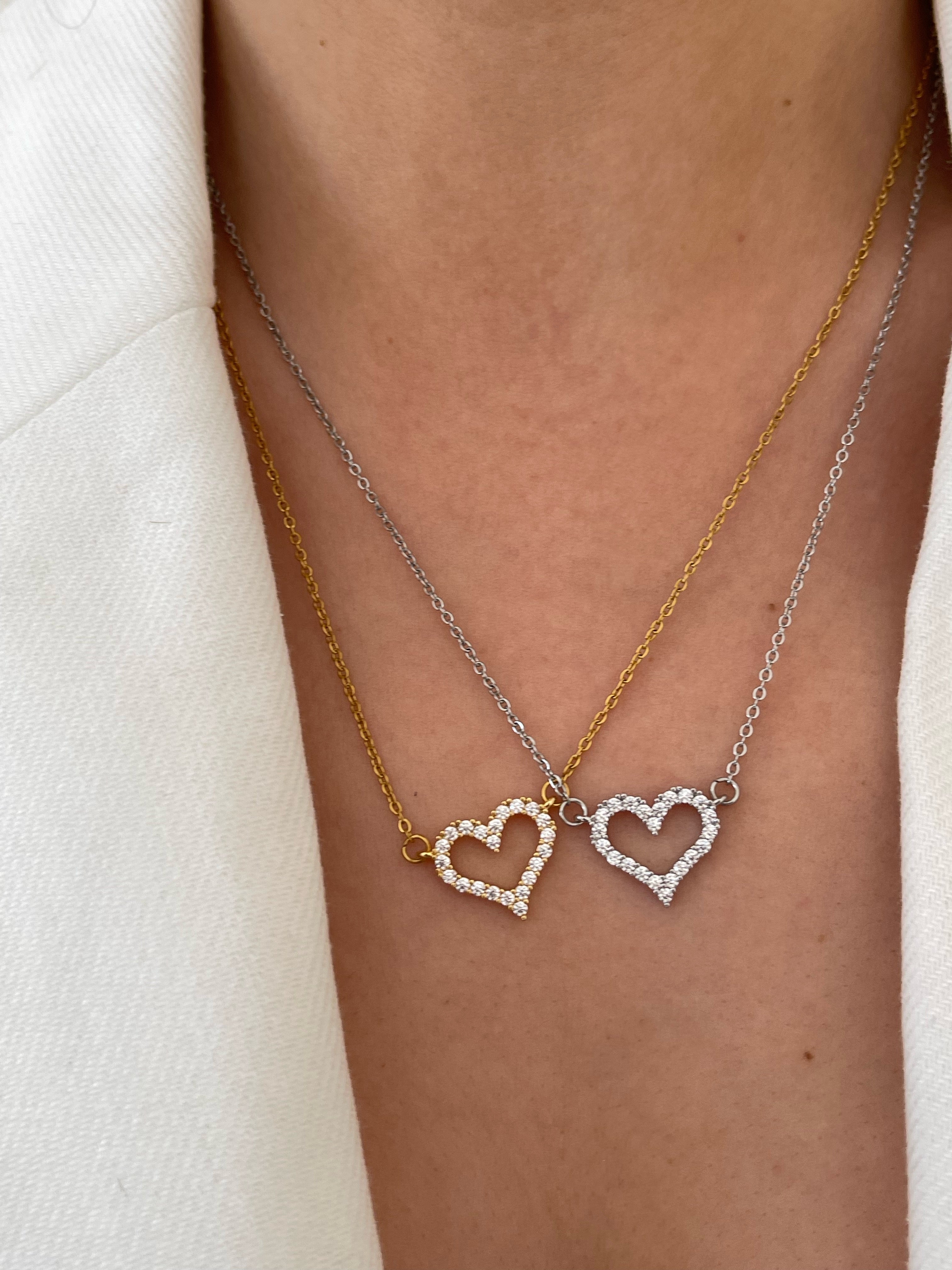 Çelik zirkon taşlı kalp kolye